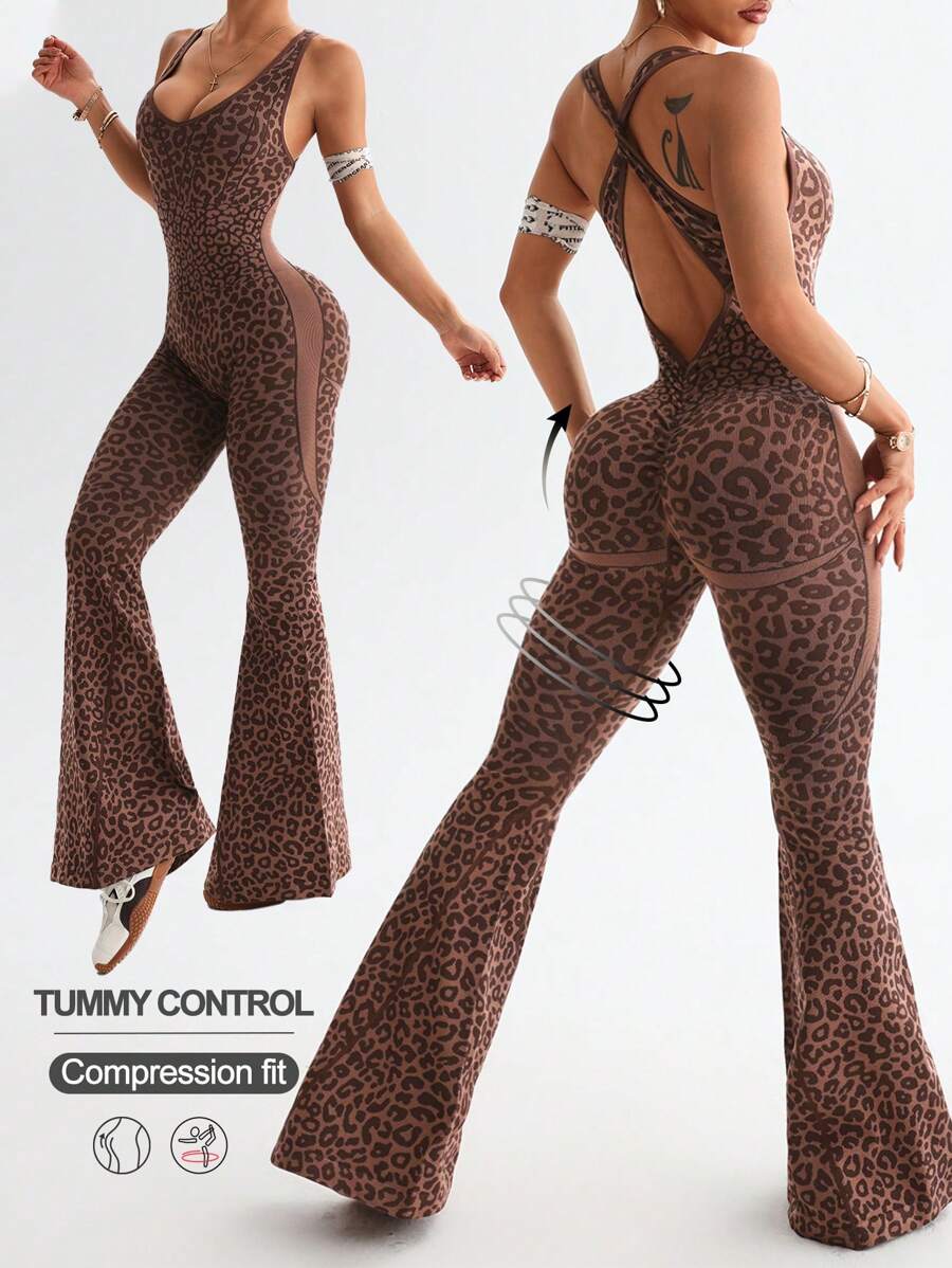 Slayform 1件豹纹深V领褶饰腰喇叭连体裤 - 咖啡棕 - 查看 1