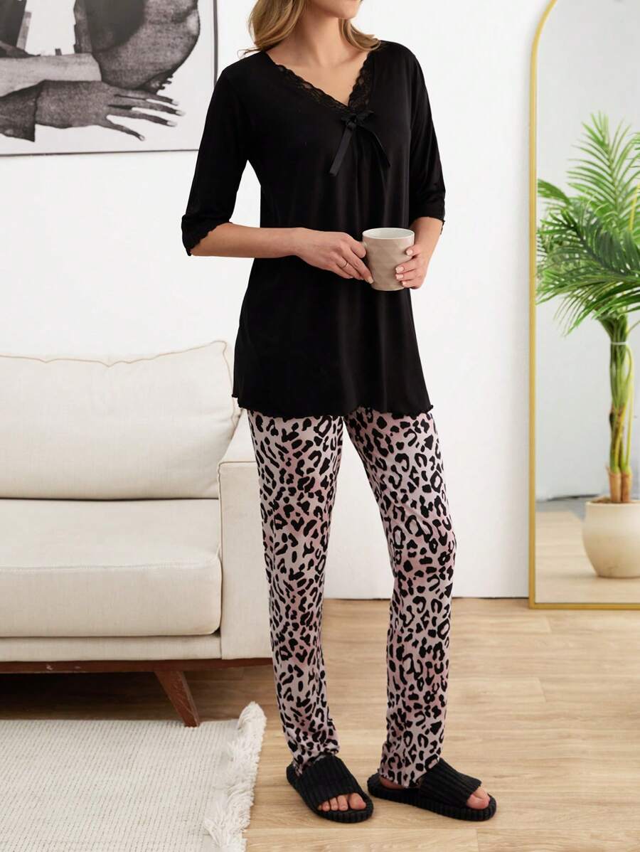 RueChic Cottenline Women 2 Pcs Lace Detail Shirt And Contrast Colour Leopard Pattern Sleep Bottom PJ Set - Black - View 1