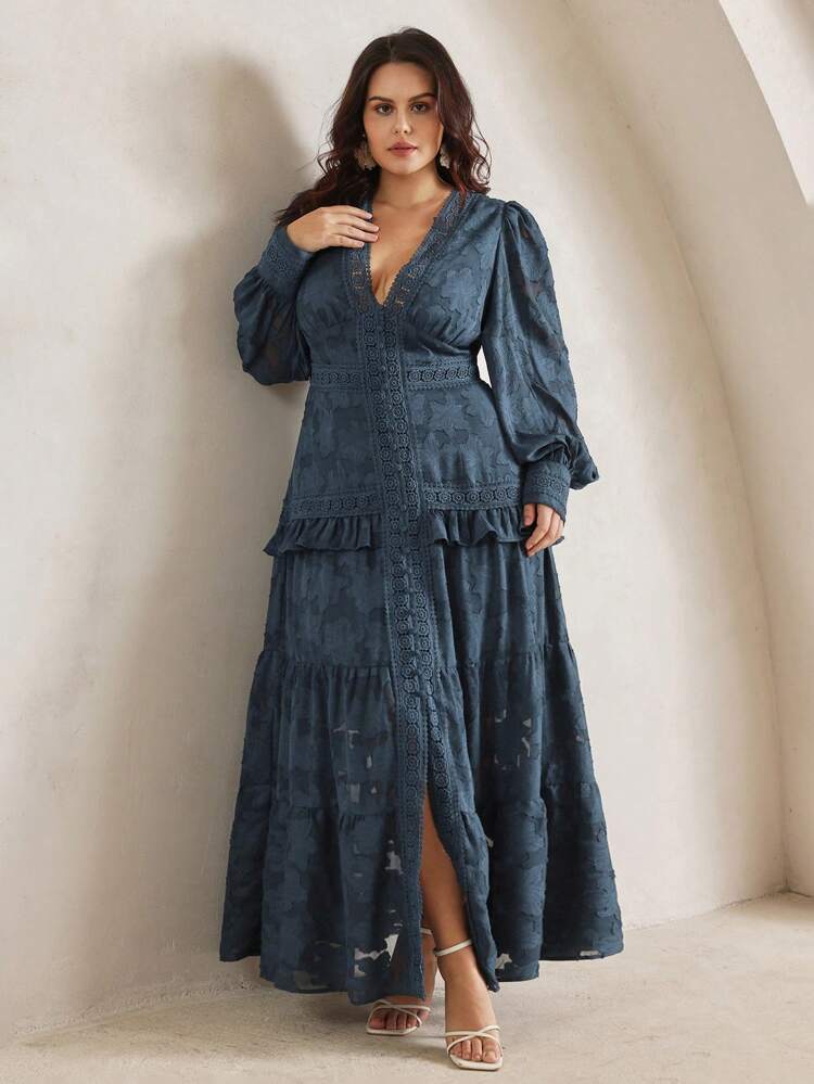 Vestido elegante de manga larga con cuello en V, corte, estampado floral por parches y volantes en el bajo para mujer de talla grande, apropiado para festivales o vacaciones