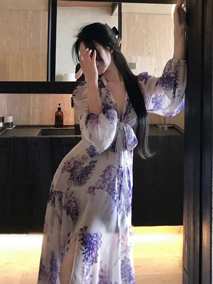 女性用長袖フローラルプリントウエストドレス、秋服クルーズアウトフィットボヘミアン風