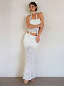 SHEIN BAE Women's White Summer Elegant Seductive Vacation Bohemian Lace Tube Top Ribbon Corset And Slim Maxi Skirt Two-Piece Set,Boho Beach Holiday Outfits - White - View 5
