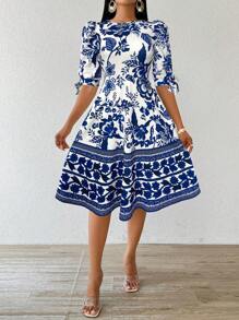 SHEIN Lady Vestidos elegantes de primavera y verano para mujer, conjuntos de vacaciones, vestidos de cumpleaños, vestidos de boda y vestidos de invitada de boda, vestidos de verano, ropa de iglesia. Vestido de mujer con diseño de manga y lazo en estampado floral azul - Azul - Ver 6