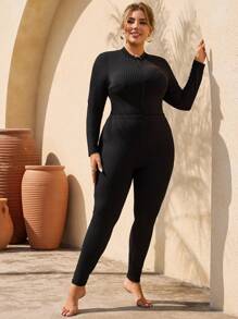 Swim Mulvari 3Pcs/Set Plus Size Women's Solid Color Full Zip Long Sleeve Rash Guard Swimwear Set With Sarong Skirt And Pants, Modest  Cover-Up For - Black - View 4