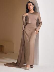 Veilorie Elegant Women's Solid Color Extra Long Arabian Style Dress,Modest - Khaki - View 6