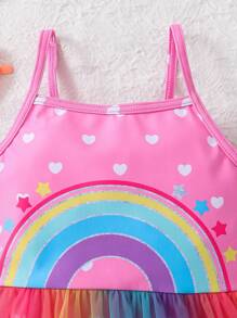 Emery Rose Kids Emery Rose Kids 适合年轻女孩的彩虹图案拼布网纱连体泳衣 - 粉色 - 查看 3