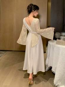 DAZY 女士撞色喇叭袖串珠金属元素连衣裙，情人节礼物，秋季长袖连衣裙，奢华舞会礼服，亮片嘉年华闪亮连衣裙，长款连衣裙 - 杏色 - 查看 7