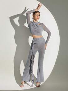 Dansine Latin Dancewear 2pcs/Set Women Dance Outfit With Mesh Patchwork Top And Flare Leg Pants, Elastic