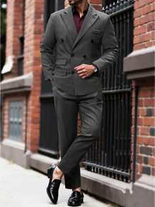 Manfinity Mode 男士前扣长袖口袋简约衬衫和长裤套装，男友礼物 - 灰色 - 查看 4