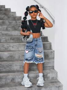 SHEIN Tween Girls Stylish Vintage Washed Smiling Face & Heart Graffiti Pattern Ripped Frayed Loose Fit Baggy Blue Denim Long Shorts ,For Girls Streetwear Outfits And Spring/Summer Clothes