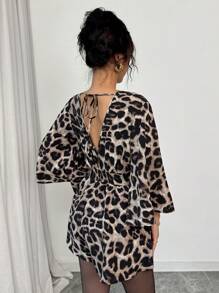 Elenzga 豹纹喇叭袖褶皱女式休闲连体裤，简约而优雅 - 彩色 - 查看 2