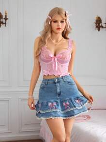 Underwire Wire Support Cute Bow Bone Support Satin Lace Splice Ruffle Button Slimming Sweety Ladies Lingerie Bra - Pink - View 7