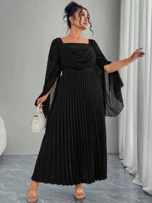 Modelyn 大码女式方领长袖褶皱腰喇叭优雅通勤连衣裙 - 黑色 - 查看 3