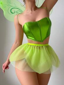 4pcs Sexy Party Outfit Including Metallic Bandeau Top, Mesh Puff Mini Skirt, Butterfly Wings - Green - View 4