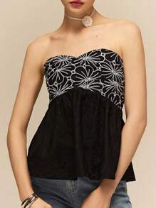 Poéselle Schwarzes besticktes Top, Sommer Top, Damen florales besticktes plissiertes Bandeau Top, modischer Stil