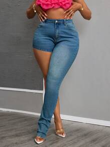 Slaydiva Jeans skinny de talla grande para mujer con estilo vintage desgastado y talle alto asimétrico - Azul - Ver 3