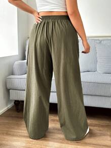 SHEIN EZwear 新款大码女式海滩度假装、女士早午餐装、圣帕特里克节主题休闲百搭简约裤装，春夏款 - 軍綠色 - 查看 2