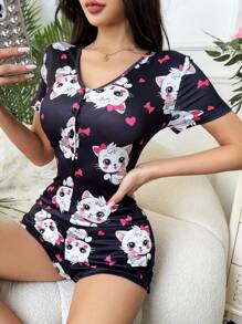 Women's Heart Cat Graphic Short Sleeve Button-Up Casual Pajama Jumpsuit