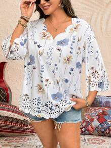 SHEIN LUNE 大码花卉印花荷叶边领镂空下摆休闲衬衫