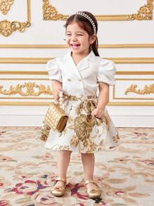 SHEIN Babygirl 花卉印花优雅短袖衬衫和迷你裙套装（夏季） - 彩色 - 查看 5