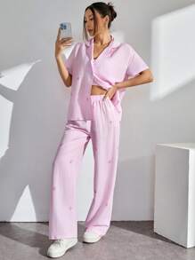 SHEIN PETITE Nuevo conjunto informal de 2 piezas con camisa de manga corta y pantalones con estampado de rayas rojas y blancas