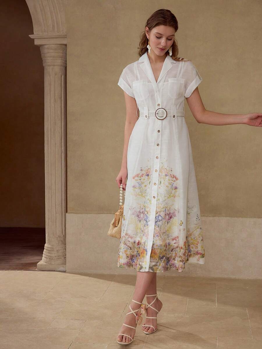 MOTF PREMIUM VESTIDO ESTAMPADO DE FLORES CON CINTURÓN - Blanco - Ver 2