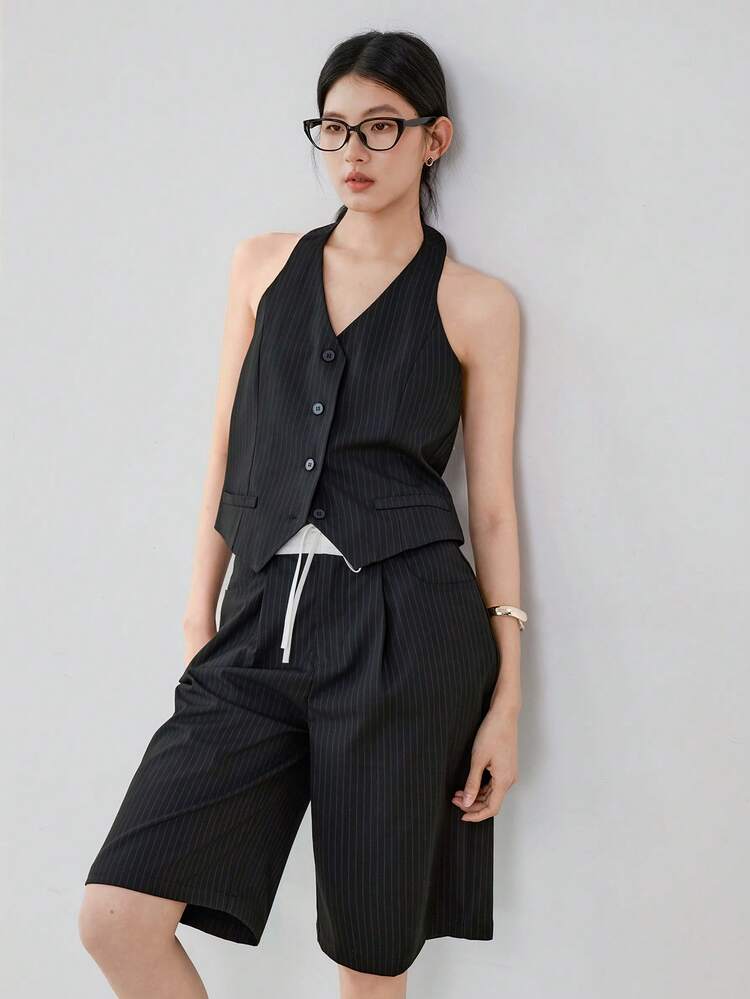 Women's 2pcs Business Casual Striped Vest And Straight Leg Pants Suit Old Money Style,Short Women Sets