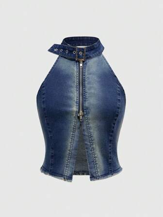 Grunge Punk Blusa casual sin mangas con cremallera frontal de mezclilla, apta para vacaciones
