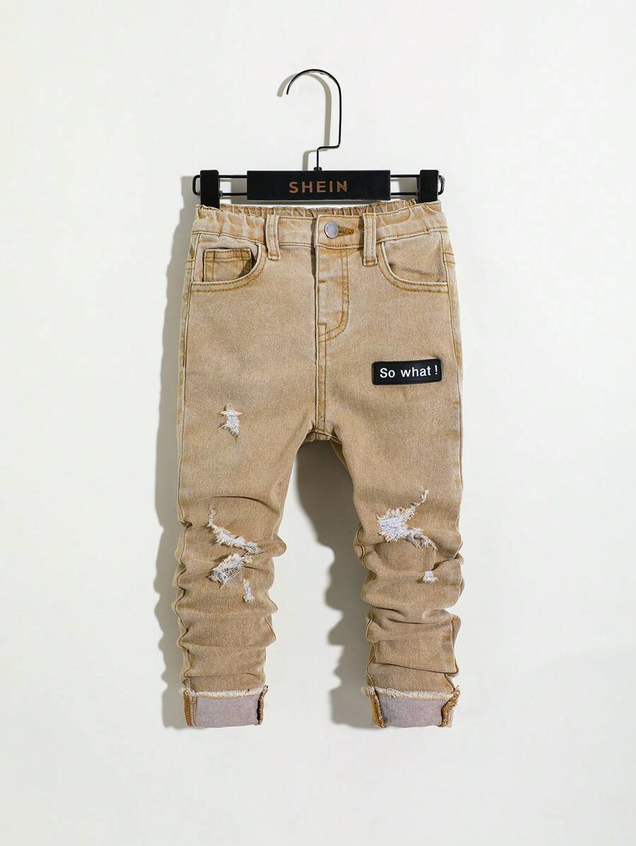 SHEIN Young Boy Distressed Casual Ripped Frayed Patch Skinny Khaki Denim Pants,For Kids Daily Wear Outfits And Spring/Summer Clothes - Khaki - View 1