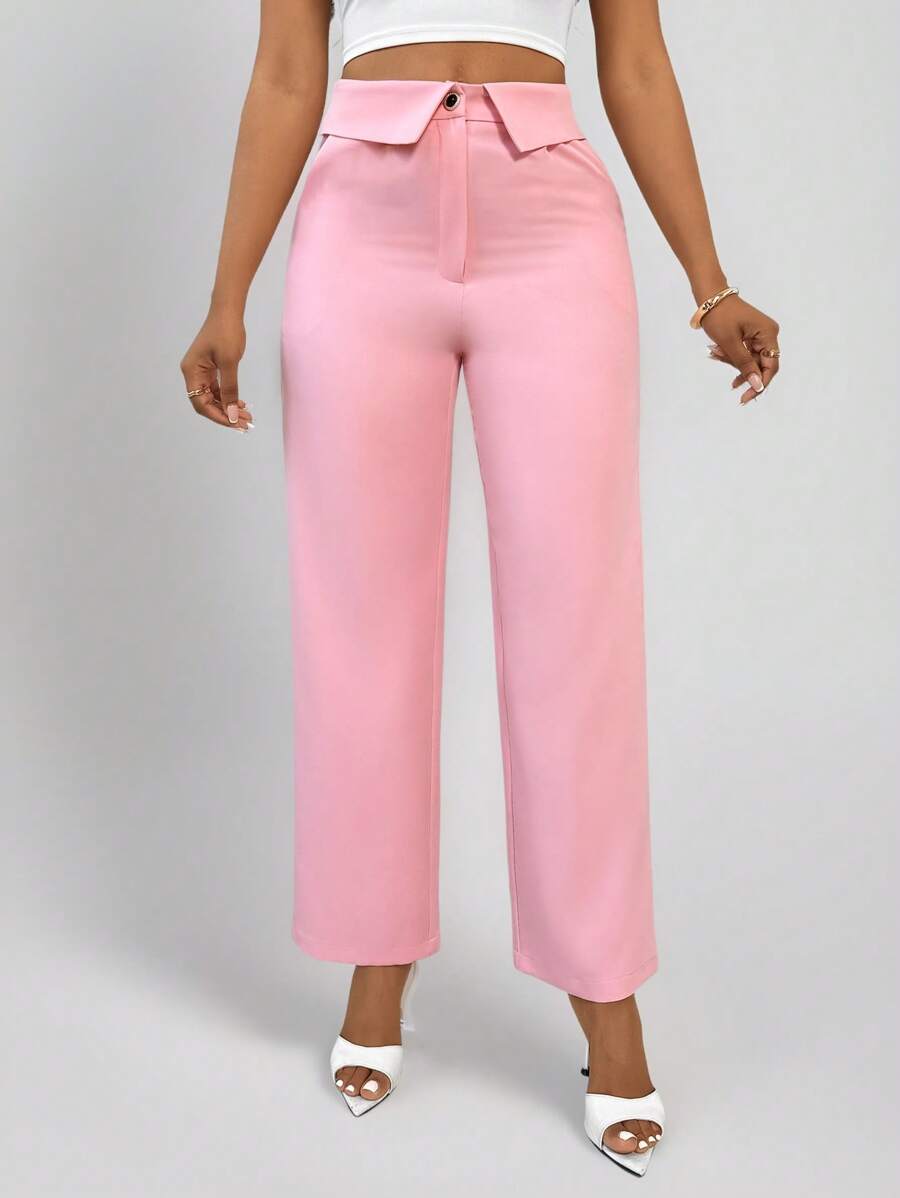 SHEIN Unity 女式纯色高腰卷腰斜口袋阔腿裤 - 粉色 - 查看 1