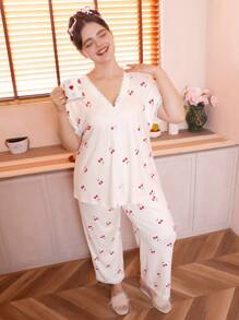 Cherry Print Single Button Splice Lace Drop Shoulder Plus Size Women Pajama Set - Beige - View 4