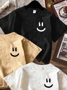 SHEIN 3pcs Young Boy Casual Simple Smiling Face Pattern Round Neck Short Sleeve T-Shirts, Suitable For Summer
