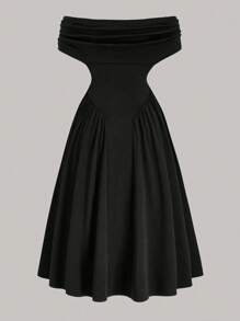 SHEIN Belle 大码露肩优雅小黑中长连衣裙，女士婚礼宾客礼服 - 黑色 - 查看 2