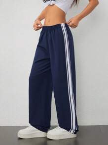 SHEIN PETITE Women's Fall Streetwear Basic Lightweight Woven Tape Contrast Stripe Elastic Waistband Comfy Athletic Navy Blue Wide Leg Mid Rise Straight Leg Pants With Side Stripes Baggy Joggers - Navy Blue - View 5