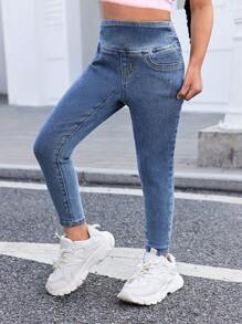 SHEIN Young Girl Y2K Blue Elastic Denim Leggings,Spring And Summer Girls Casual Vacation Hobo Wear - Dark Wash - View 1