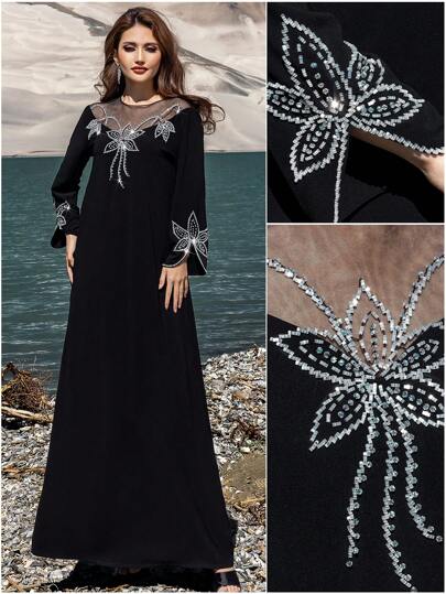 Layrah 网眼拼布圆领长袖休闲长款束腰毛衣