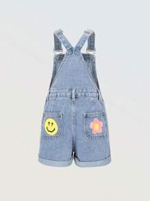 Denimly Tween Girl Fashionable Casual Cute Floral & Smiling Face Print Denim Ripped Distressed Washed Loose Strap Jumpsuit & Overalls With Frayed Hem