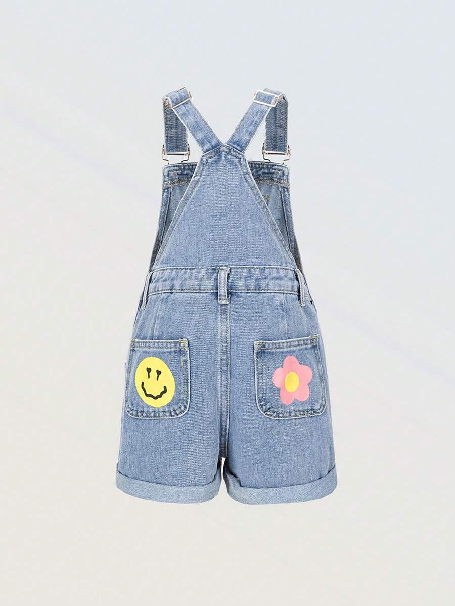 Denimly Tween Girl Fashionable Casual Cute Floral & Smiling Face Print Denim Ripped Distressed Washed Loose Strap Jumpsuit & Overalls With Frayed Hem