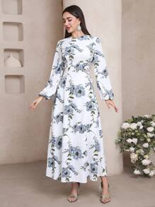Veilorie Women's Floral Print Round Neck Lantern Sleeve Elegant Mid-Length Dress, Perfect For Vacation - White - View 3
