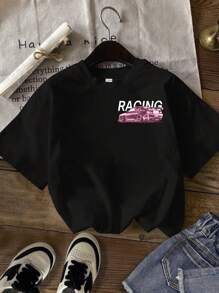 Attitoon Car & Letter Graphic Tee Suitable For Going Out - Black - View 3