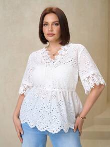 SHEIN Clasi Plus Size Women's Holiday Floral Embroidered Lace Cuffs And Collar V-Neck Short Sleeve Romantic Shirt,Concert Women,Funny Shirts,Raves,Country Concert,Beach,Bohemian,Boho Women Clothing,Vacations Woman,Embroidered Top