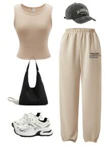 2pcs/Set Teen Girl Casual All-Match Versatile American Streetwear Athletic Ribbed Tank Top + Letter Print Sweatpants Knitted Suit - Khaki - View 3