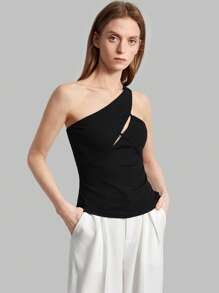 Ontre 女款 2025 新款黑色春季无袖单肩纯色修身露脐上衣带镂空装饰 - 黑色 - 查看 5