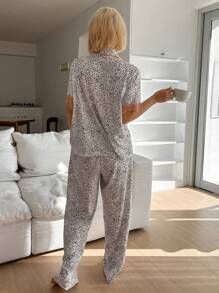 DAZY Leopard Print Contrast Color Lace Trim Loose Women Pajama Set - White - View 2