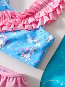 Young Girl Ruffled Rainbow Horse Print Tankini Swimwear Set - Multicolor - View 4