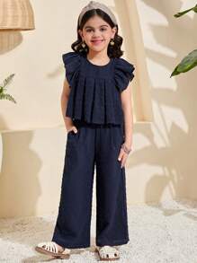 SHEIN Young Girl Woven Solid Color Round Neck Ruffle Trim Top And Woven Loose Wide-Leg Pants 2 Pieces Set