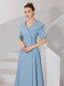 Modelyn Women's Solid Color Double-Breasted Short Sleeve Elegant Long Dress - Blue - View 3