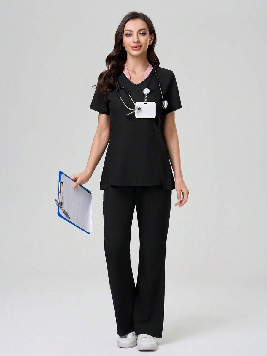 TaskEZ Colorful Spring And Summer Fashion Casual Multi-Functional Multi-Pocket Comfortable Women's Scrub Uniforms, Suitable For Hospitals, Clinics And Pet Hospitals,Short Sleeve Scrub Uniform Set - T-Shirt & Pants, Minimalist Fashion Casual Everyday Wear,Easter Women's Scrub Uniform - Black - View 1