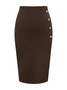 SHEIN Clasi Plus Button Detail Pencil Skirt - Coffee Brown - View 1