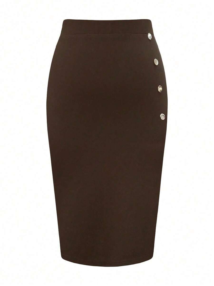 SHEIN Clasi Plus Button Detail Pencil Skirt - Coffee Brown - View 1