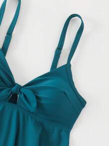 SHEIN Đầm bơi màu trơn mới có dây đeo vai và viền bèo nhún cho nữ và quần bikini 2 mảnh, thích hợp cho kỳ nghỉ hè ở bãi biển - Màu xanh ngọc - Xem 6